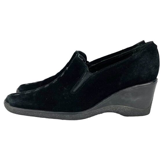 Vintage Aquatalia Marvin K Wedge Black Suede Slip On Shoes Whipstitch Accent s8 - Picture 2 of 9